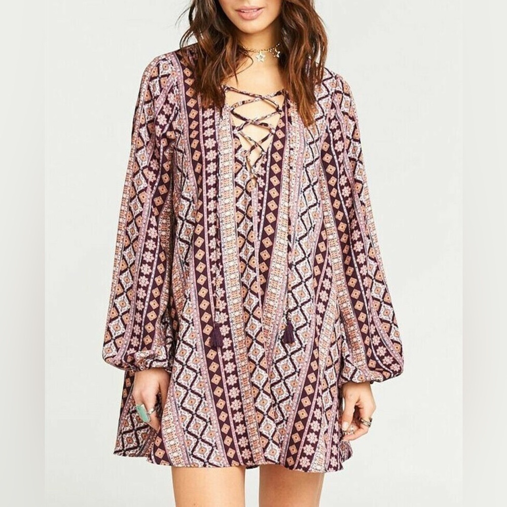 Show Me Your MuMu Lightning Bird Tunic Floral Boho Striped Lace Up Mini Dress M